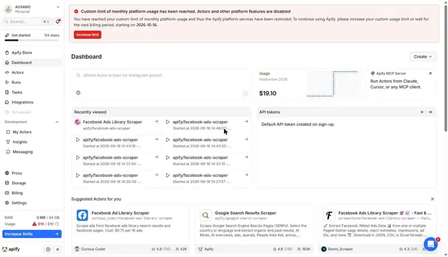 Dashboard Apify con il limite di utilizzo mensile raggiunto