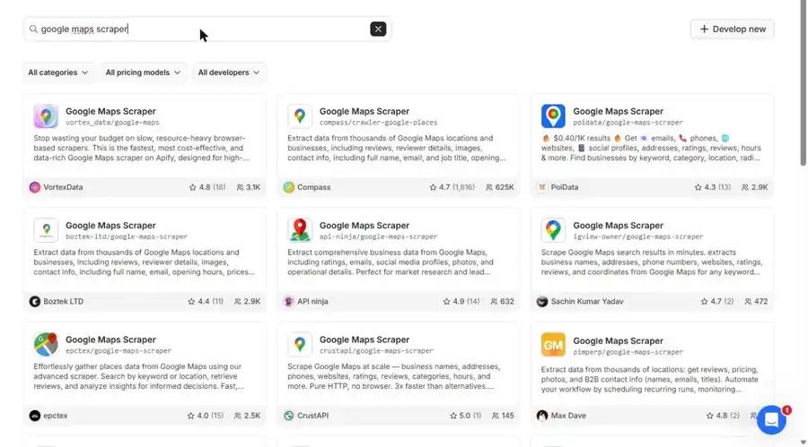 Resultados de búsqueda en la Apify Store