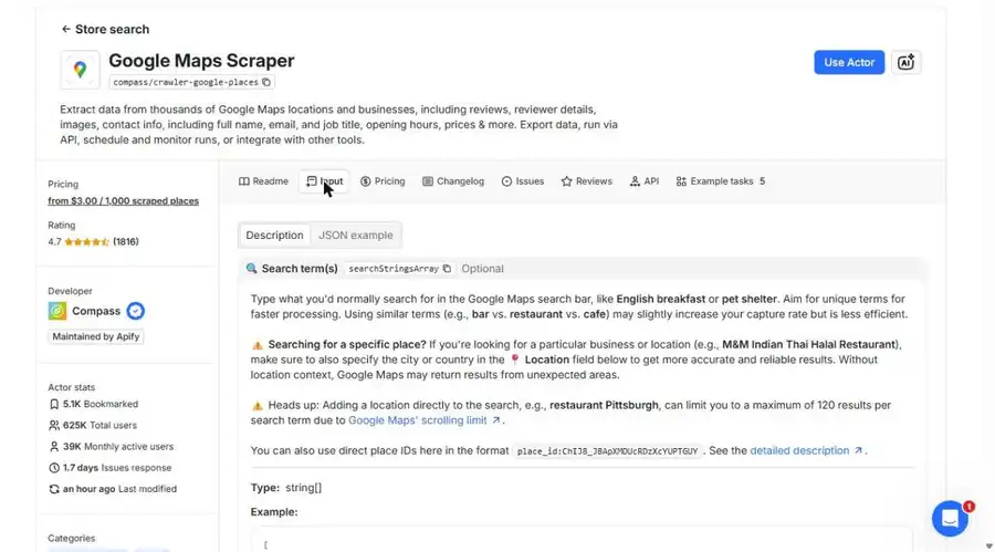 Formulario de entrada de un Actor de Apify