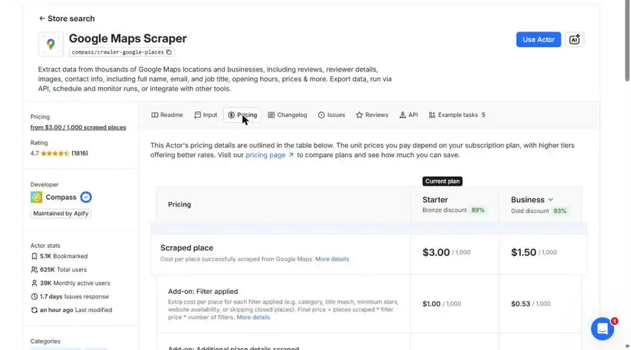 Prezzo del Google Maps Scraper per piano nella console Apify