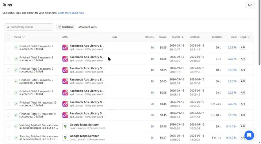 Elenco delle esecuzioni Apify con risultati e costo del Facebook Ads Library Scraper