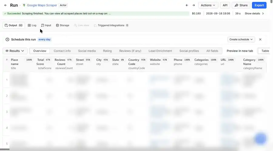 Vista previa de un dataset de Apify