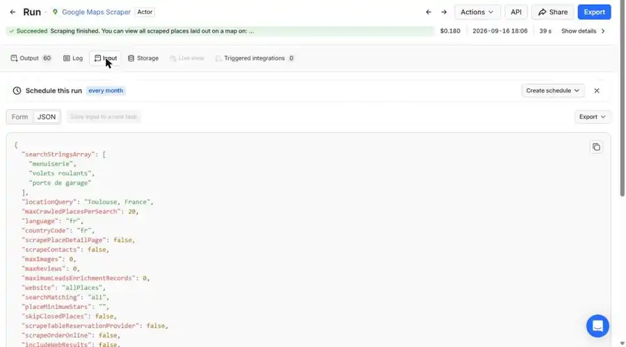 JSON de entrada del Google Maps Scraper de Apify con términos de búsqueda y ubicación