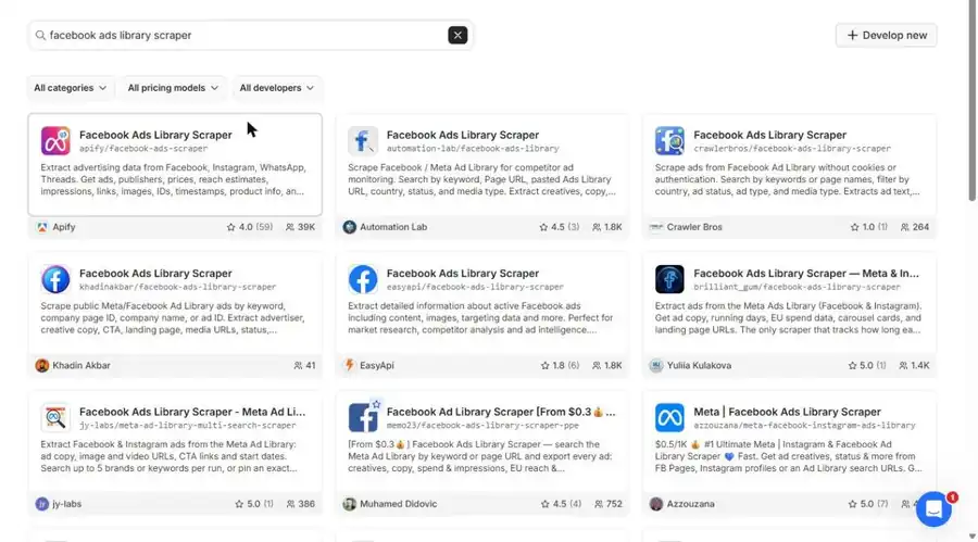 Risultati di ricerca dell'Apify Store per Facebook Ads Library scraper