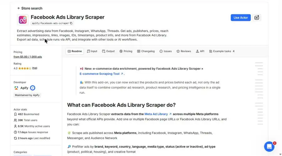 Pagina del Facebook Ads Library Scraper nella console Apify