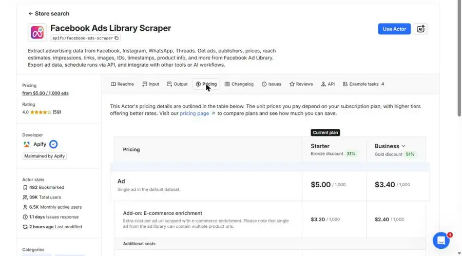 Prezzi del Facebook Ads Library Scraper per piano
